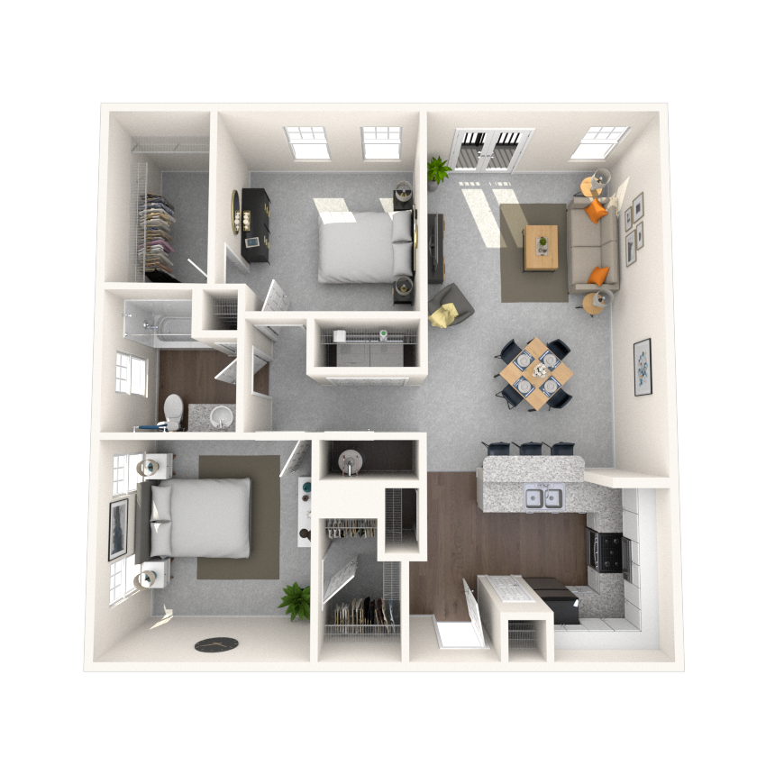 Floor plan for 2 beds, 1 bath, 990 sqft